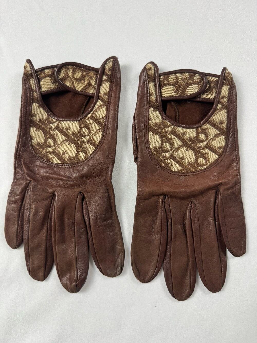 Vintage Christian Dior Driving Gloves 7.5 Brown Leather Oblique Trotter Monogram